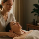 Žena podstupuje lymfatickú masáž v relaxačnom prostredí.