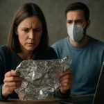 Žena skúma hliníkovú fóliu s obavami o zdravie a životné prostredie.