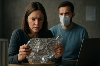 Žena skúma hliníkovú fóliu s obavami o zdravie a životné prostredie.