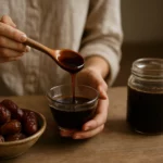 Datľový sirup s lyžicou a čerstvými datľami na drevenom stole