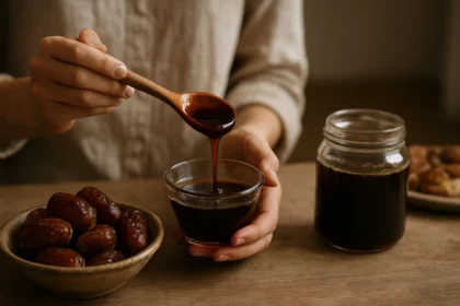 Datľový sirup s lyžicou a čerstvými datľami na drevenom stole