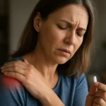 Žena trpí bolesťou ramena a drží liek na zmiernenie bolesti.