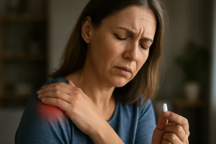 Žena trpí bolesťou ramena a drží liek na zmiernenie bolesti.