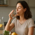 Žena pije vodu s citrónom pre detoxikáciu organizmu.