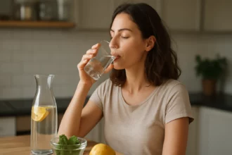 Žena pije vodu s citrónom pre detoxikáciu organizmu.