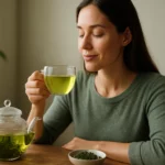 Žena vychutnávajúca si zelený čaj s teapotom a listami čaju na stole