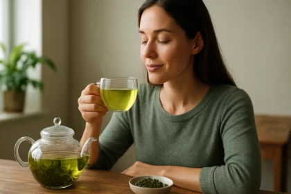 Žena vychutnávajúca si zelený čaj s teapotom a listami čaju na stole