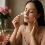 Žena aplikuje ružový olej na pleť s ružami v pozadí.