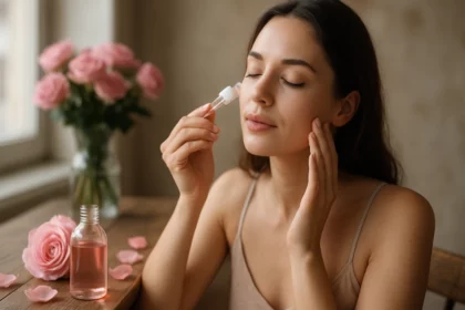 Žena aplikuje ružový olej na pleť s ružami v pozadí.