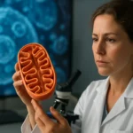 Žena s modelom mitochondrie v laboratóriu na pozadí buniek