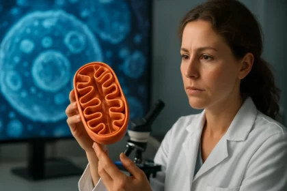 Žena s modelom mitochondrie v laboratóriu na pozadí buniek