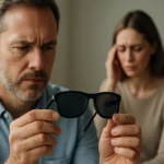 Muž skúma polarizované slnečné okuliare, zatiaľ čo žena sa cíti nepohodlne.