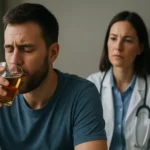 Muž s etanolom v pohári a lekársky odborník v pozadí