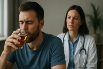 Muž s etanolom v pohári a lekársky odborník v pozadí