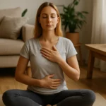Žena cvičí brušné dýchanie v pohodlnej atmosfére domova.
