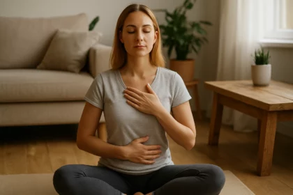 Žena cvičí brušné dýchanie v pohodlnej atmosfére domova.
