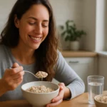 Žena si vychutnáva ovsené vločky na zdravé raňajky.