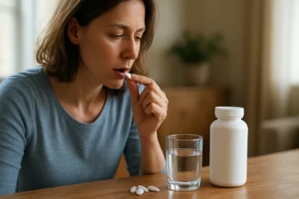 Žena užívajúca acetylcysteín (NAC) s pohárom vody