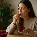 Žena si pochutnáva na čerstvých brusniciach v útulnom prostredí.