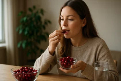 Žena si pochutnáva na čerstvých brusniciach v útulnom prostredí.
