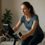 Žena cvičí na stacionárnom bicykli v modernom interiéri.