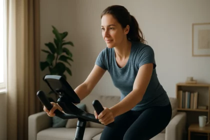 Žena cvičí na stacionárnom bicykli v modernom interiéri.