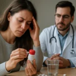 Žena diskutuje o antibiotikách so svojím lekárom.