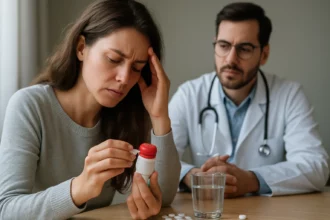 Žena diskutuje o antibiotikách so svojím lekárom.