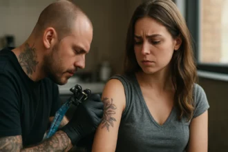 Tatovanie: tetovateľ pracuje na ruke ženy s vyjadrením neistoty.