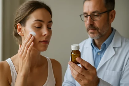 Žena aplikujúca pleťový krém s nikotínamidom so specialistom.