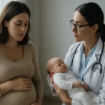 Budúca mamička na vyšetrení s lekárom a novorodencom.