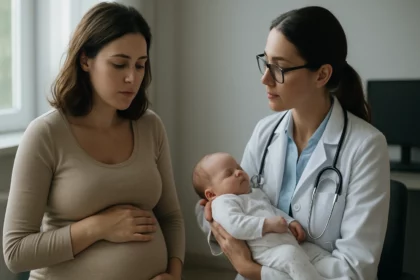 Budúca mamička na vyšetrení s lekárom a novorodencom.