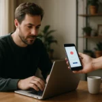 Muž pracuje na laptopu s mobilom v ruke, zobrazuje aplikáciu Patreon.