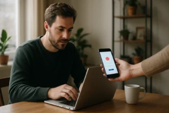 Muž pracuje na laptopu s mobilom v ruke, zobrazuje aplikáciu Patreon.