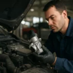 Mechanik skúma EGR ventil pod kapotou vozidla.