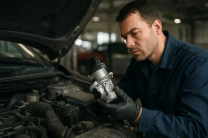 Mechanik skúma EGR ventil pod kapotou vozidla.