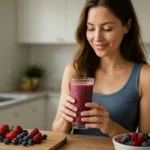 Žena sa smoothie z bobúľ a čerstvými ovocnými ingredienciami.