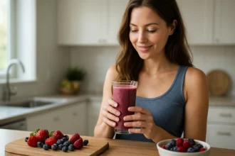 Žena sa smoothie z bobúľ a čerstvými ovocnými ingredienciami.