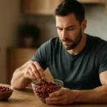 Muž s brusnicami v miske, zdravé potraviny pre mužov.