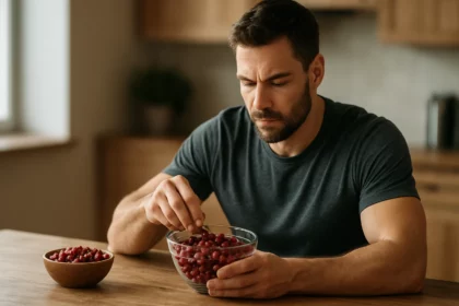Muž s brusnicami v miske, zdravé potraviny pre mužov.