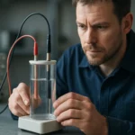 Muž skúma anódu v elektrochemickom experimente.