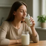 Žena pije kefír zo sklenenej nádoby na stole.