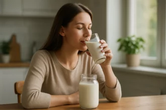 Žena pije kefír zo sklenenej nádoby na stole.