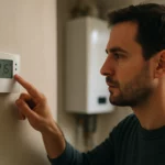 Muž nastavuje termostat kotla na optimálnu teplotu.