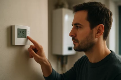 Muž nastavuje termostat kotla na optimálnu teplotu.