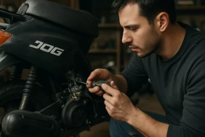 Mechanik pracuje na údržbe palivového ventilu Yamaha Jog.