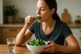Žena konzumuje šťaveľ zo šalátu v domácnosti.
