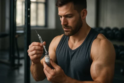 Muž drží injekciu s testosterón-propionátom vo fitness centre.