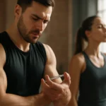 Muži kontrolujúci doplnky v posilňovni s vodnatým uzáverom ženy v pozadí.