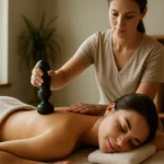 Žena dostáva vlno-masáž, relaxačný zážitok pre zdravie a pohodu.